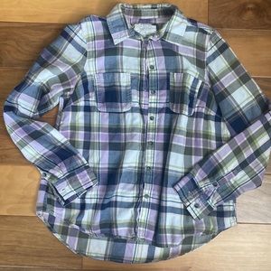Purple, blue, green, white plaid flannel